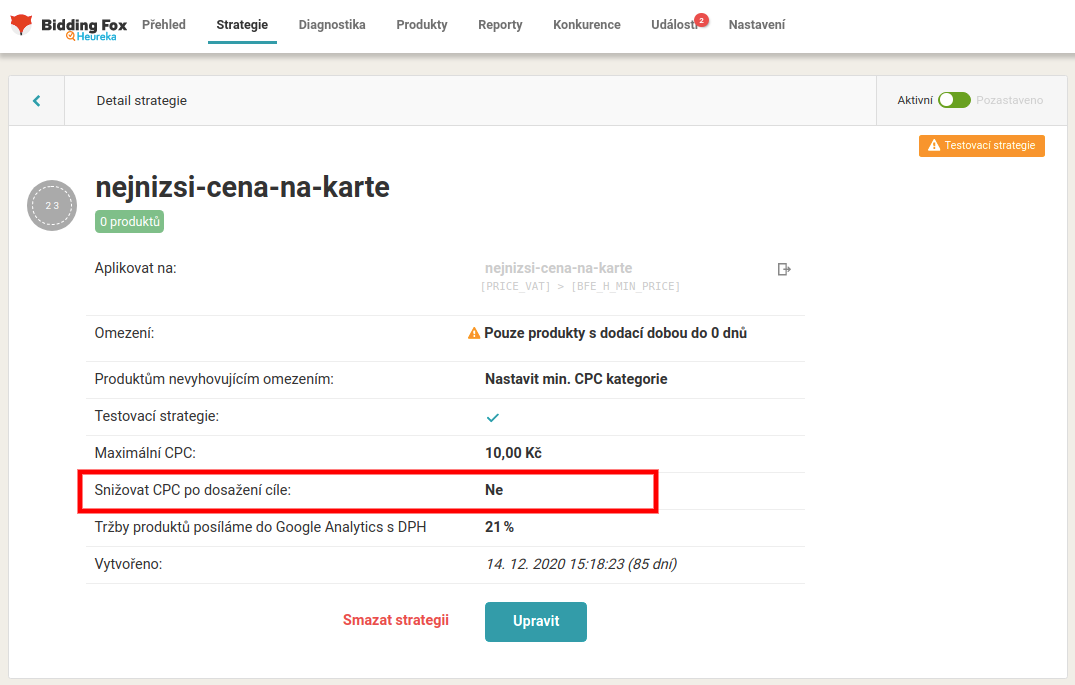Informácia o znižovaní CPC po dosiahnutí cieľa v detaile stratégie.
