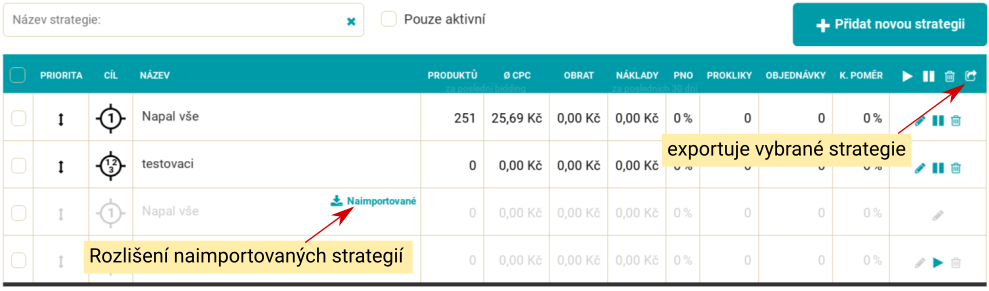 Export pouze vybraných strategií