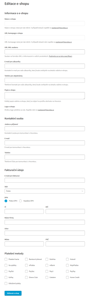 Nový formulář pro úpravu e-shopů na Heurece