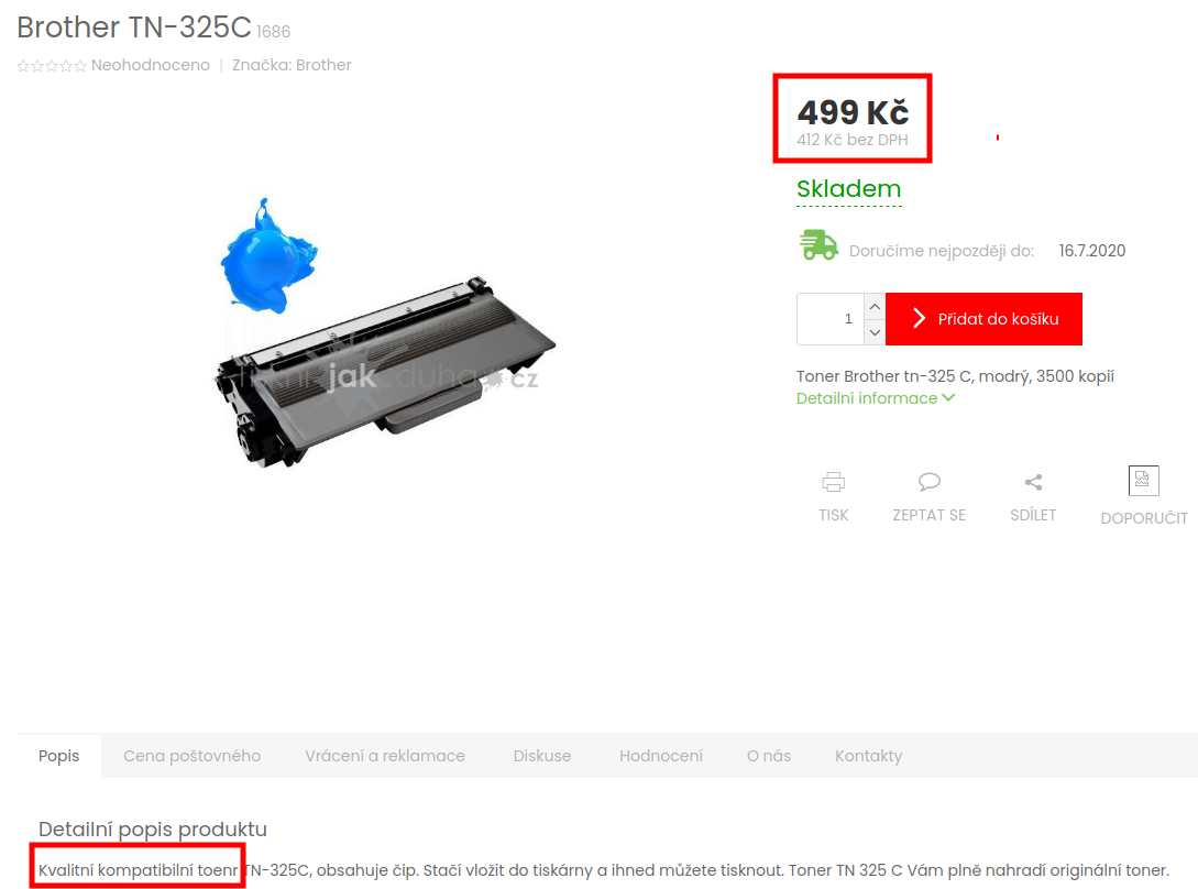 Detail produktu na e-shope - toner Brother TN-325C