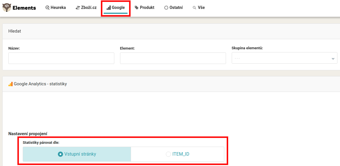 Bidding Fox Elements – Podstránka Google – Nastavenie prepojenia podľa Vstupnej stránky alebo ITEM_ID.